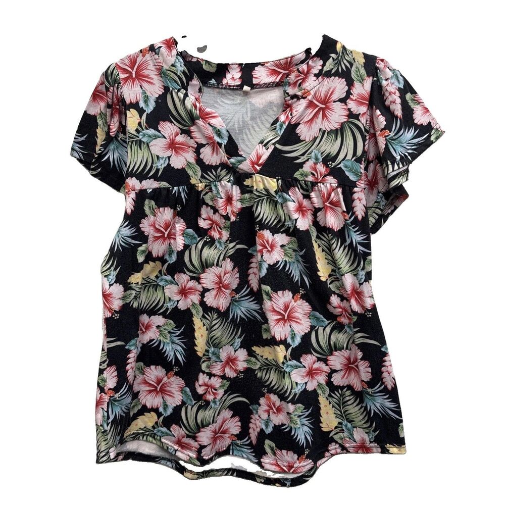 Women Hawaiian Floral Polyester Blend Short Flutter Sleeve Top Shirt L Pullover